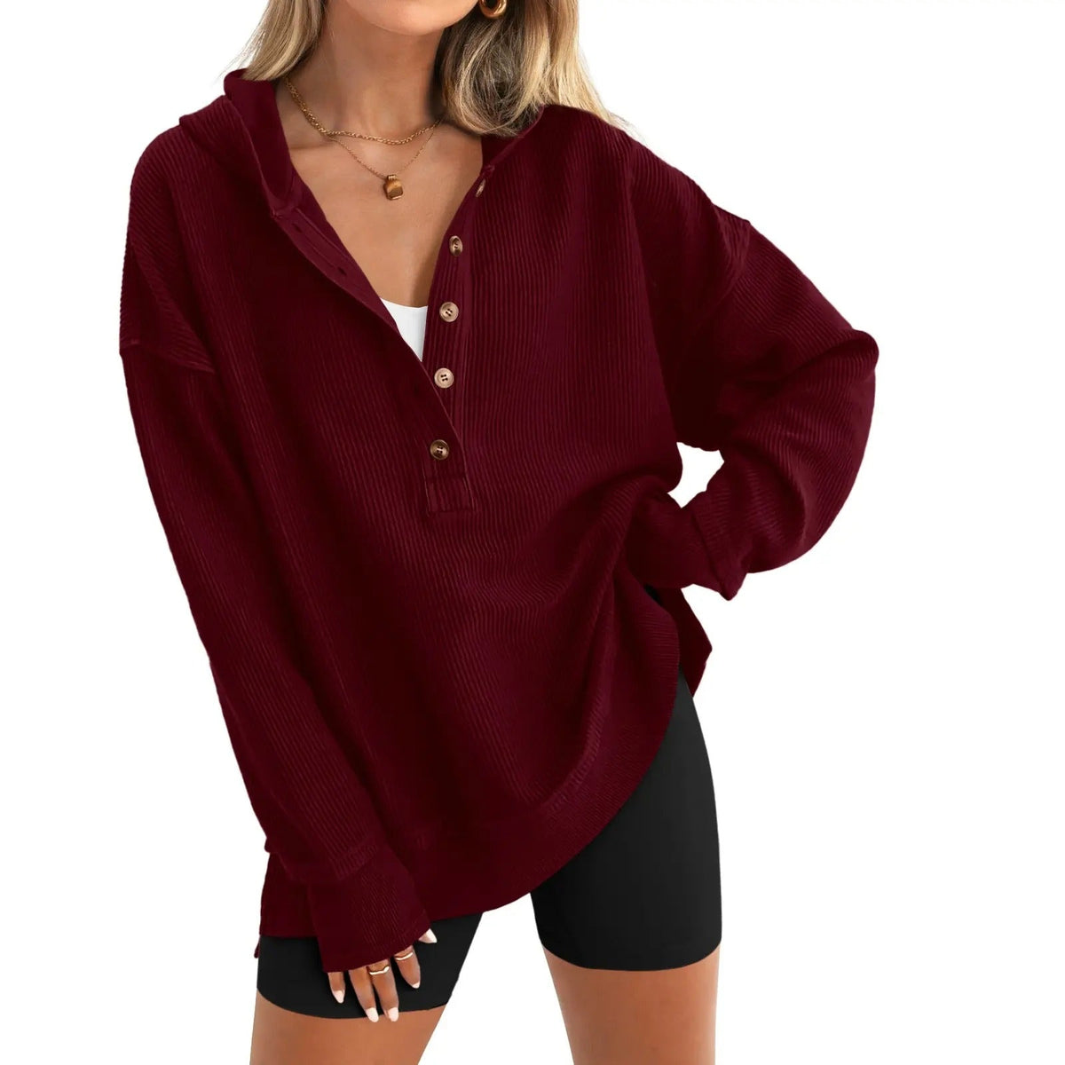 π€²Women's Oversized Button V-Neck Hoodie Sweatshirt Long Sleeve Side Slit Casual Fall Pullover Top
