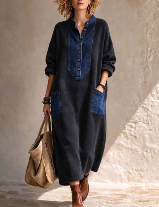 🤲LAST DAY SAVE 49% ⏰Boho Casual Cozy Colorblock Faux Suede Maxi Dress