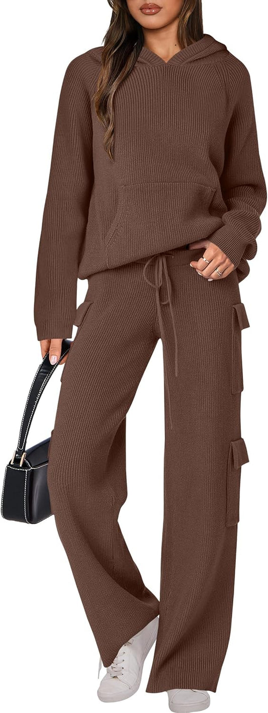 🎄Christmas Sale🔥 Women’s Two Piece Outfits Casual Knit Hooded Sweater Straight Leg Pants Set
