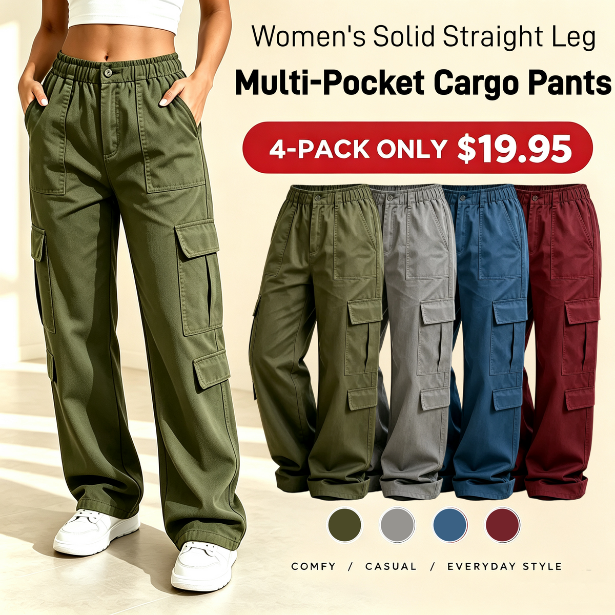 💚LAST DAY SALEWomen's Solid Straight Multi-Pocket Cargo Pants