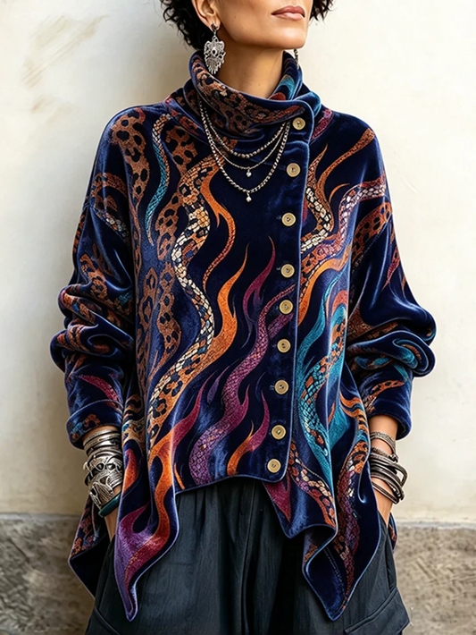🤲LAST DAY SAVE 49% 🌸🤎Vintage Abstract Print Asymmetrical Turtleneck Top