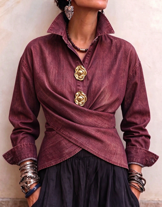 🤲LAST DAY SAVE 49% ⏰Chic Wrap-Front Denim Shirt with Gold Floral Buttons