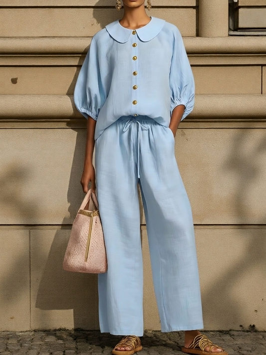 🌿Stylish Linen 2-Piece | Peter Pan Collar Shirt + Wide Leg Pants