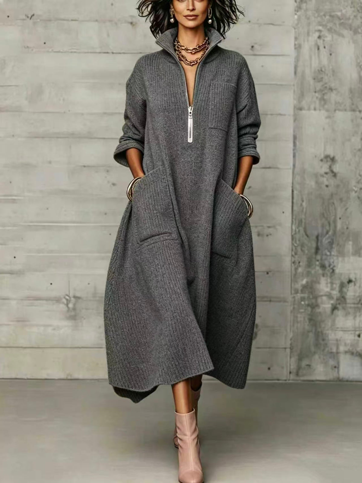 π€²LAST DAY SAVE 49% β°Elegant Quarter-zip High Collar Oversized Knit Midi Dress