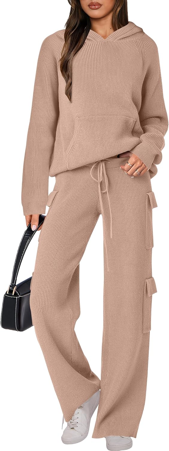 🎄Christmas Sale🔥 Women’s Two Piece Outfits Casual Knit Hooded Sweater Straight Leg Pants Set