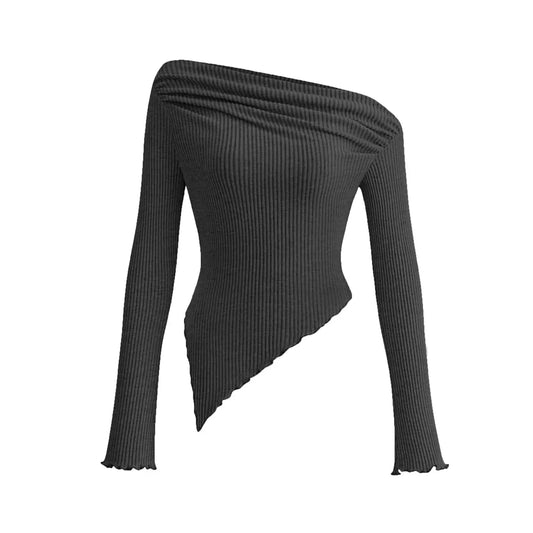 ✨✨Women's Long Sleeve Crop Top Trendy Off Shoulder Asymmetrical Fitted Knit Tee Shirts Going Out Ribbed Tops Womenswear Knitwear Basic Minimalist Minimalist