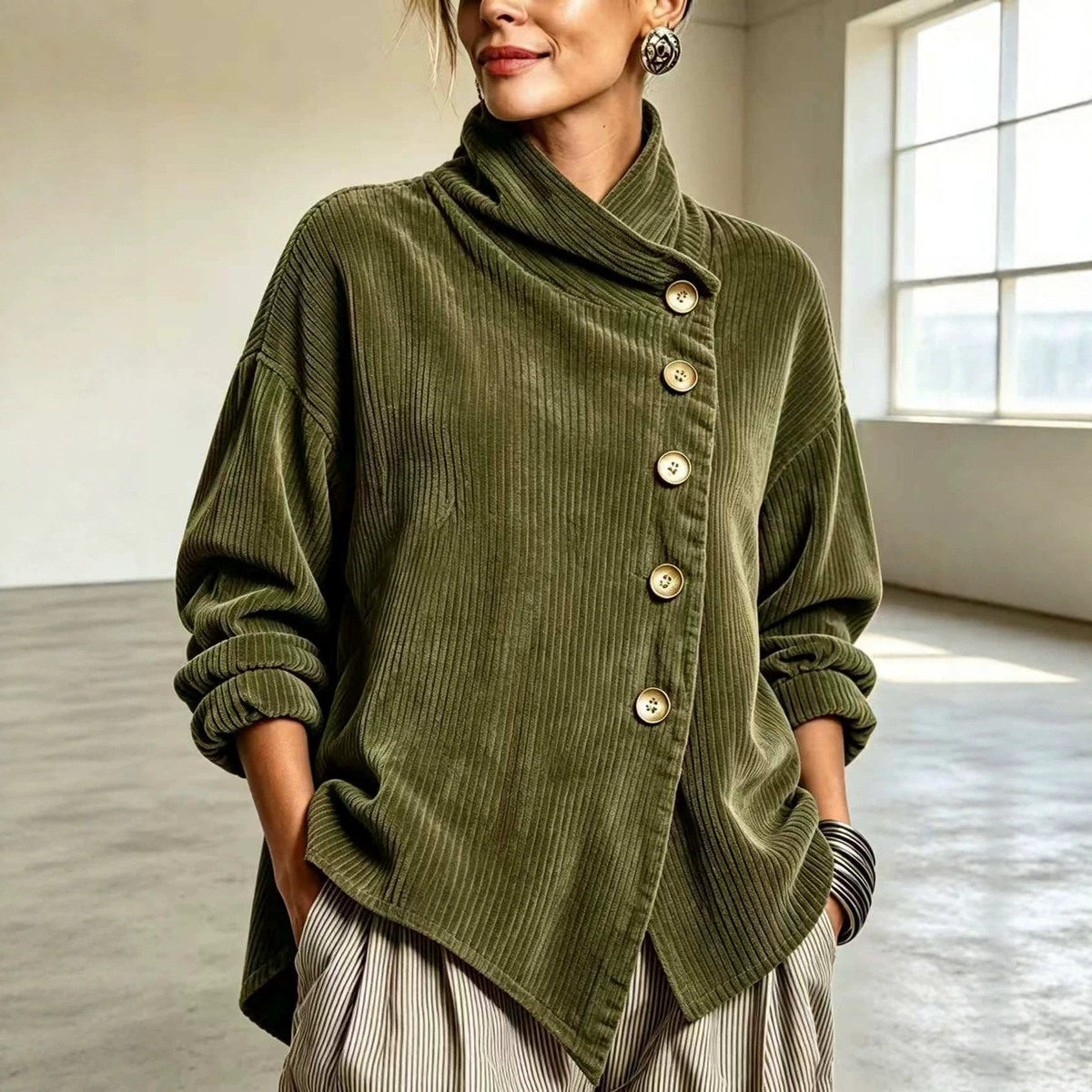 💛Cozy Asymmetric Button-Accented Corduroy Top