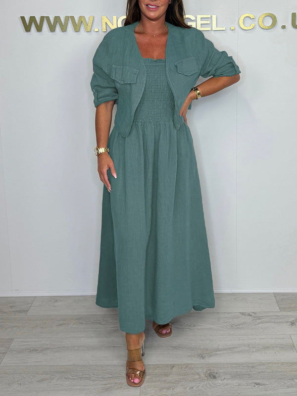 CLEARANCE🔥 Linen Smocked Dress With Over Jacket Two-piece Set
