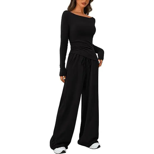 ✨✨Women's 2-Piece Lounge Set Asymmetrical Long Sleeve T-Shirt & Wide Leg Pants Casual Fitted Tracksuit Loungewear Basic Minimalist Clothing with Drawstring & Pockets