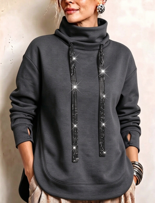 🤲LAST DAY SAVE 49% ⏰Chic Rhinestone-Drawstring Cowl-Neck Sweatshirt