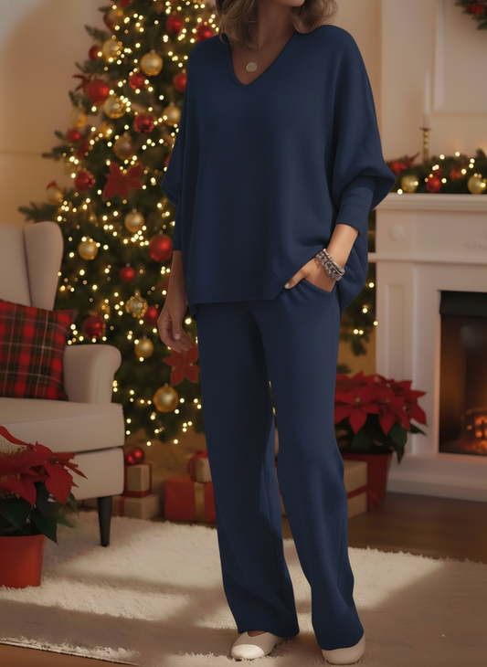 CLEARANCE SALE🔥 Women's Cozy Solid Color V-neck Knit Top And Pants Two-piece Set