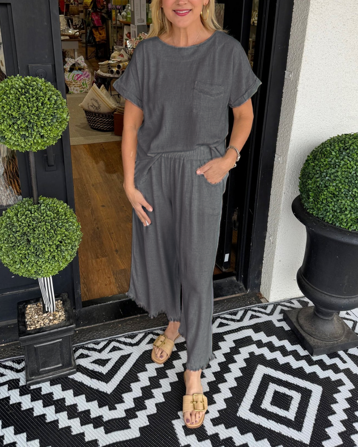 Women's Casual Solid Cotton Linen Lounge Set