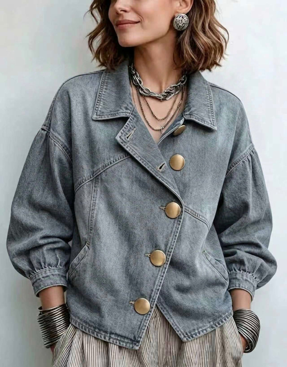 π€²LAST DAY SAVE 49% β°Asymmetrical Slant Gold Button Lantern Sleeve Denim Jacket