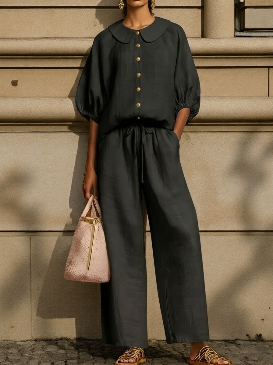 🌿Stylish Linen 2-Piece | Peter Pan Collar Shirt + Wide Leg Pants