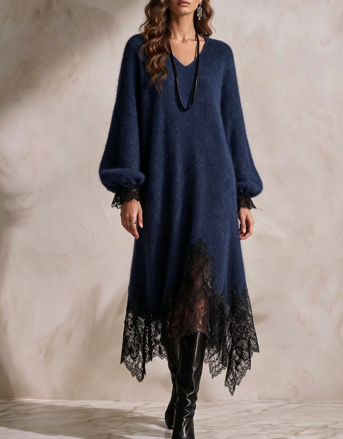 πLAST DAY SAVE 49% β°Women's V-neck Long-sleeve Casual Loose-fit Knit Dress With Lace Paneling And Subtle Shimmer-β¨FREE Handbag