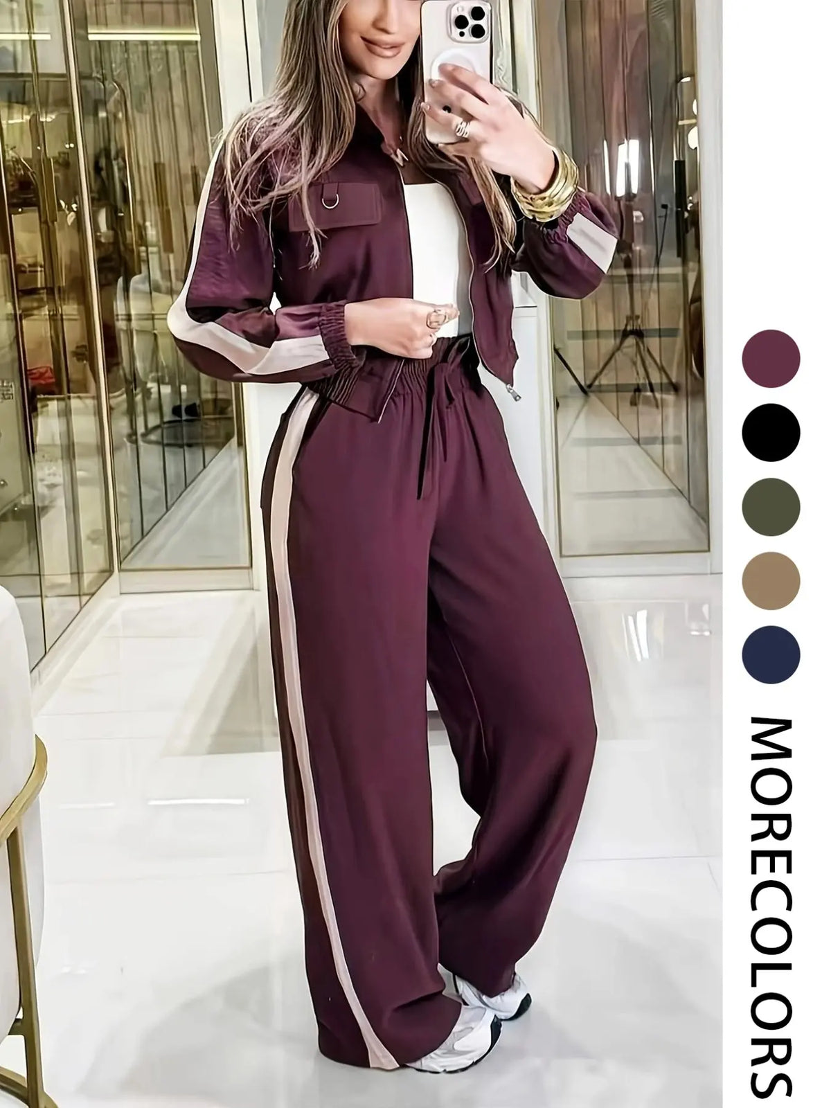 πCasual Women's Two-Piece Set with High Waist Pants and Short Zipper Jacket, Polyester, Multiple Colors