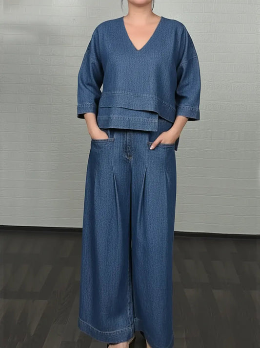 💝💝Women's Casual Denim Cotton Top And Pants Two-piece Set