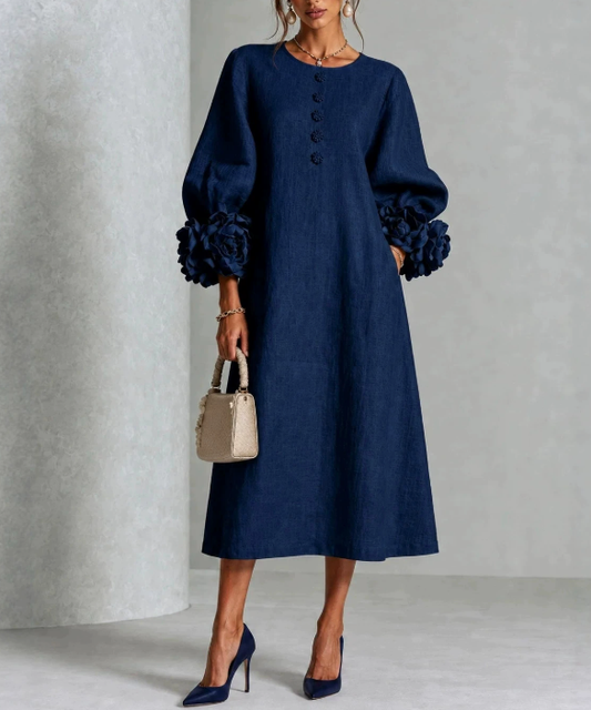 💛Chic Chambray Denim 3D Rosette Sleeve Midi Dress-✨FREE Handbag