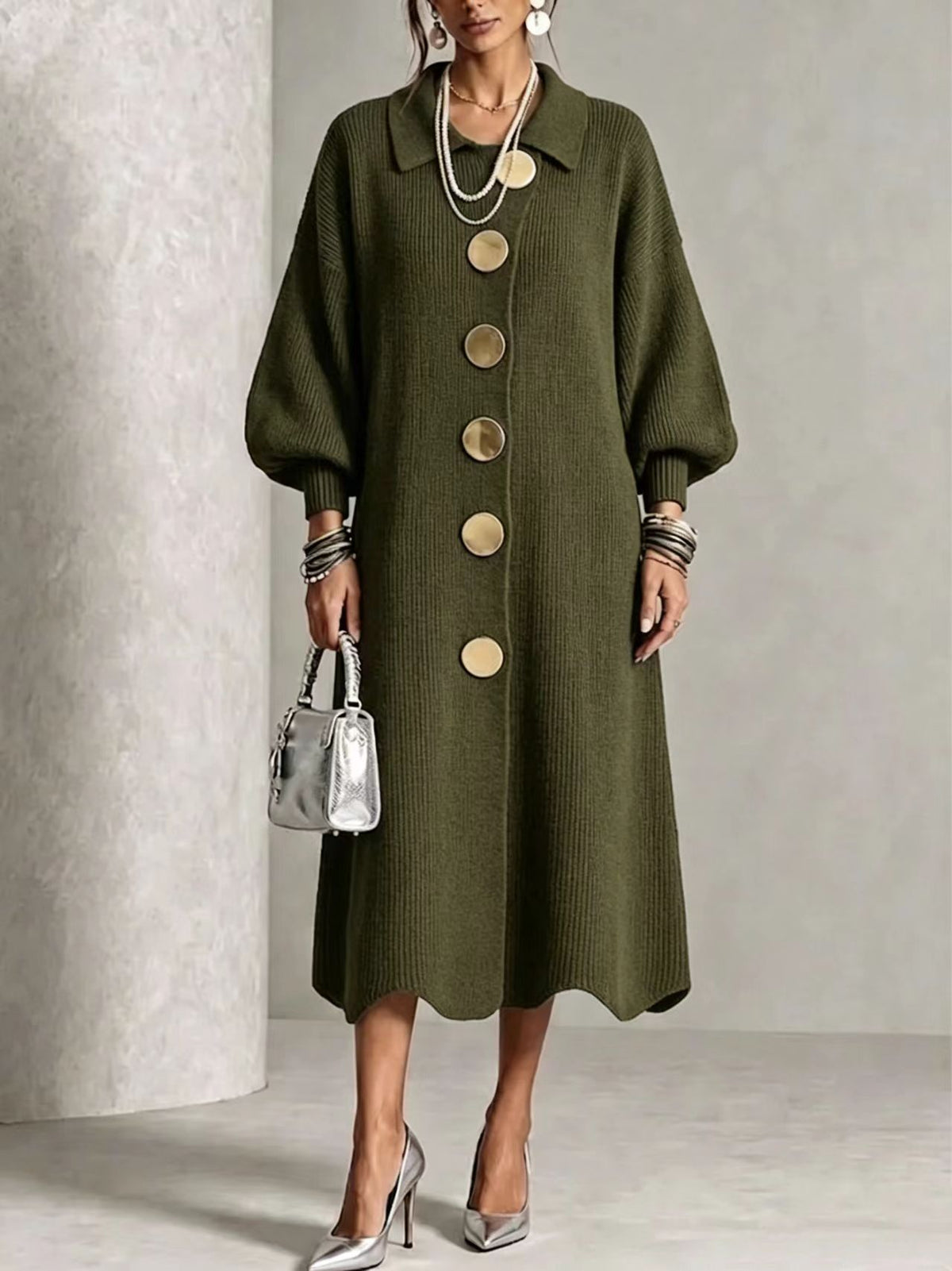 🤲LAST DAY SAVE 49% ⏰Long-sleeve Knit Dress With A Large Metal Buckle, Lapel Collar, And Lantern Sleeves— FREE Handbag
