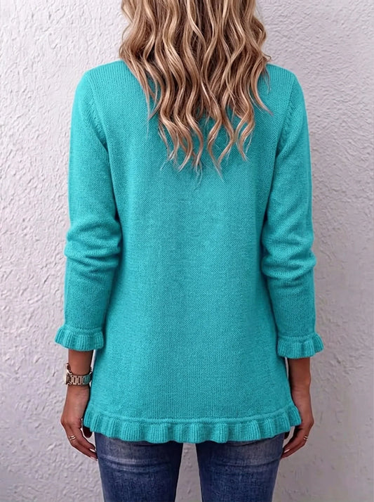 🤲LAST DAY SAVE 49% ⏰Turquoise Ruffle Trim Double-Breasted Knit Cardigan