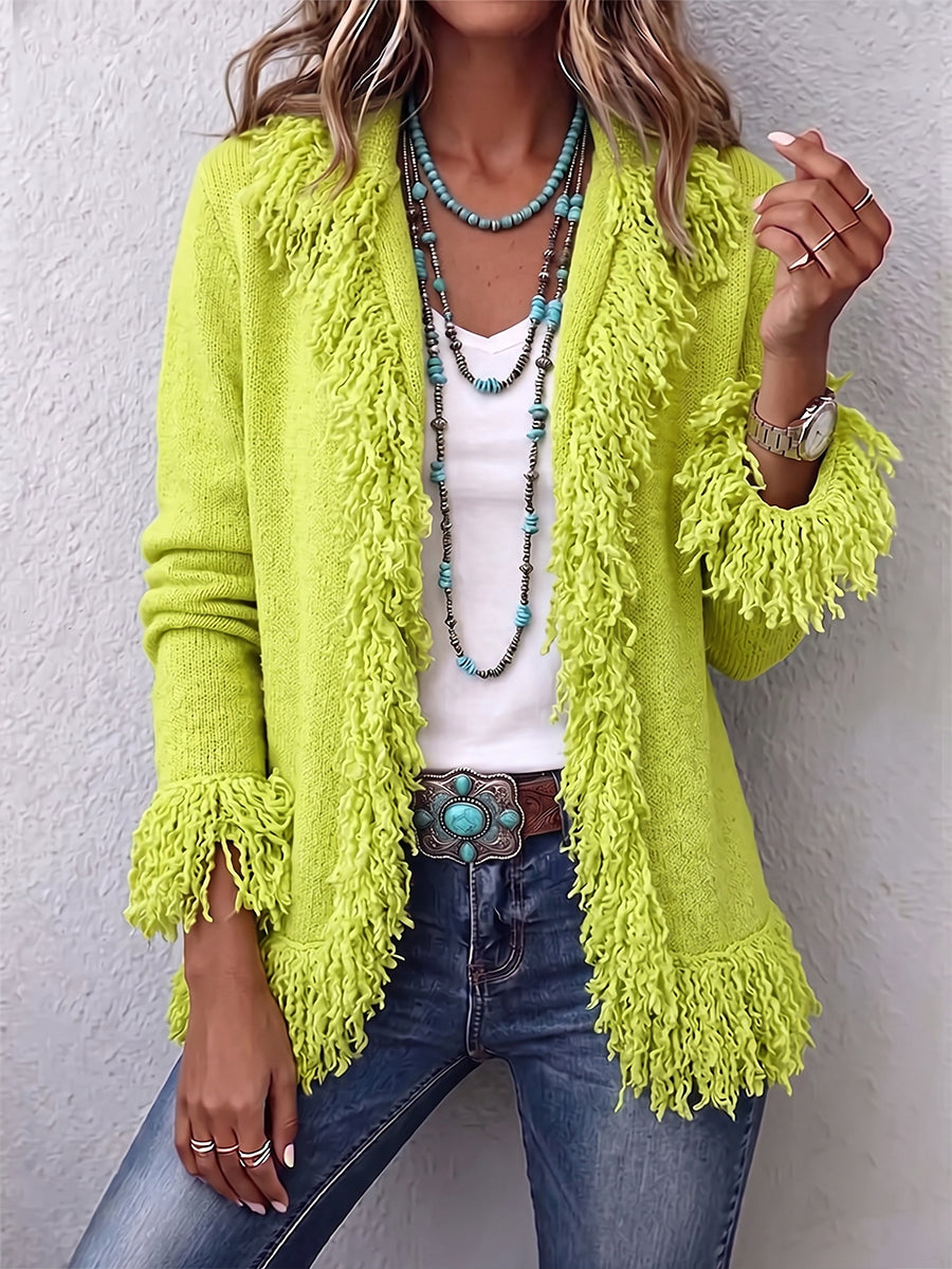 π€²LAST DAY SAVE 49% π§‘Vibrant Chartreuse Boho Fringe Cardigan