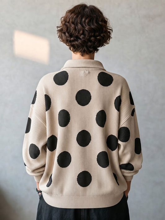 🤲LAST DAY SAVE 49% ⏰Cozy Oversized Polka Dot Lapel Collar Knit Top