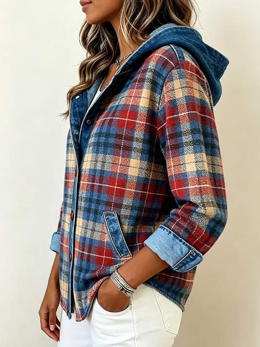 Color-block Plaid Hooded Jacket