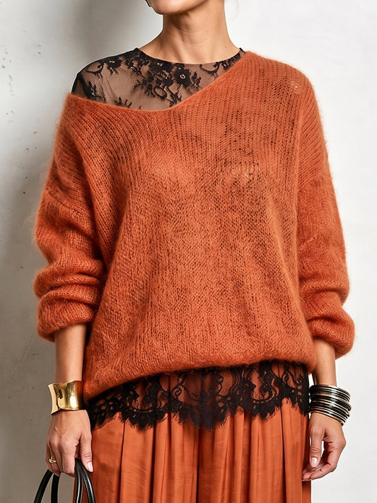 💛LAST DAY SAVE 49% ⏰Cozy Lace Long Sleeve T-shirt And Mohair Knit Sweater Two Piece Set