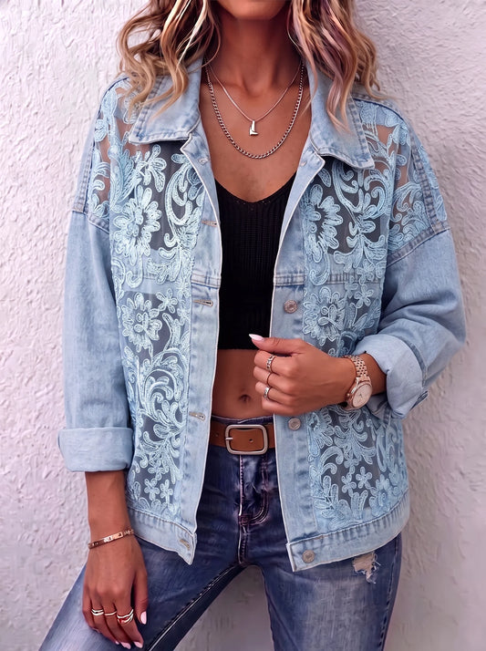 Vintage Sheer Floral Lace Patchwork Denim Jacket