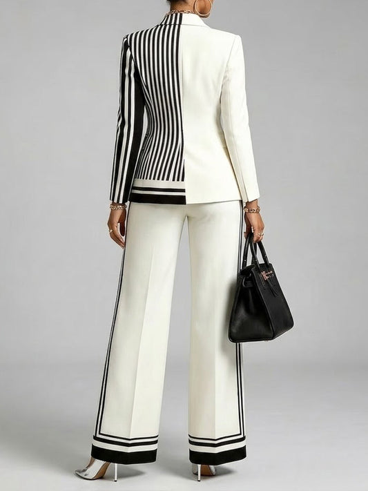 Chic And Sharp Color-blocked Striped Blazer And Trousers Two-piece Set