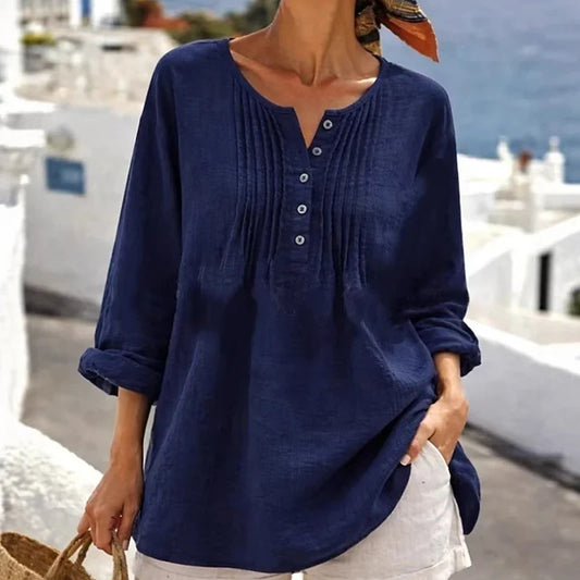💚Women's Casual Pleated Henley Blouse – Long Sleeve Relaxed Fit Top
