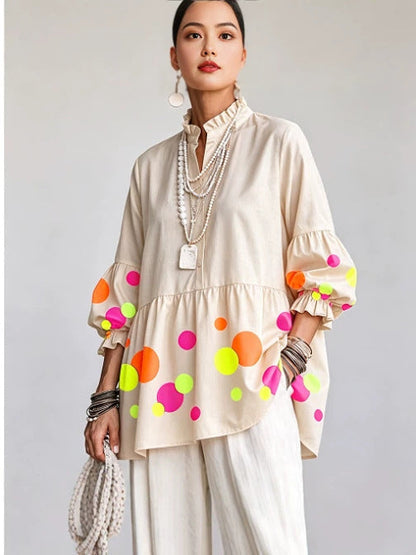 💛Artistic Neon Polka-Dot Linen Peplum Tunic