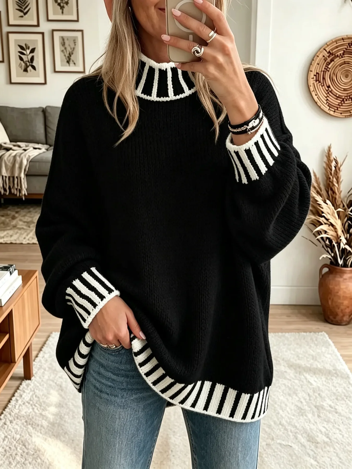 💛LAST DAY SAVE 49% ⏰Women's Striped Trim Mock Neck Sweater