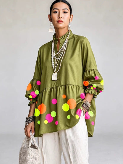 💛Artistic Neon Polka-Dot Linen Peplum Tunic