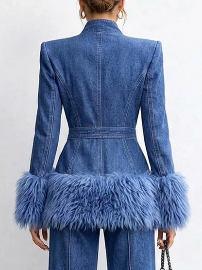 💛LAST DAY SAVE 49% ⏰Women's Tailored Denim Jacket with Faux Fur Trim-FREE Handbag