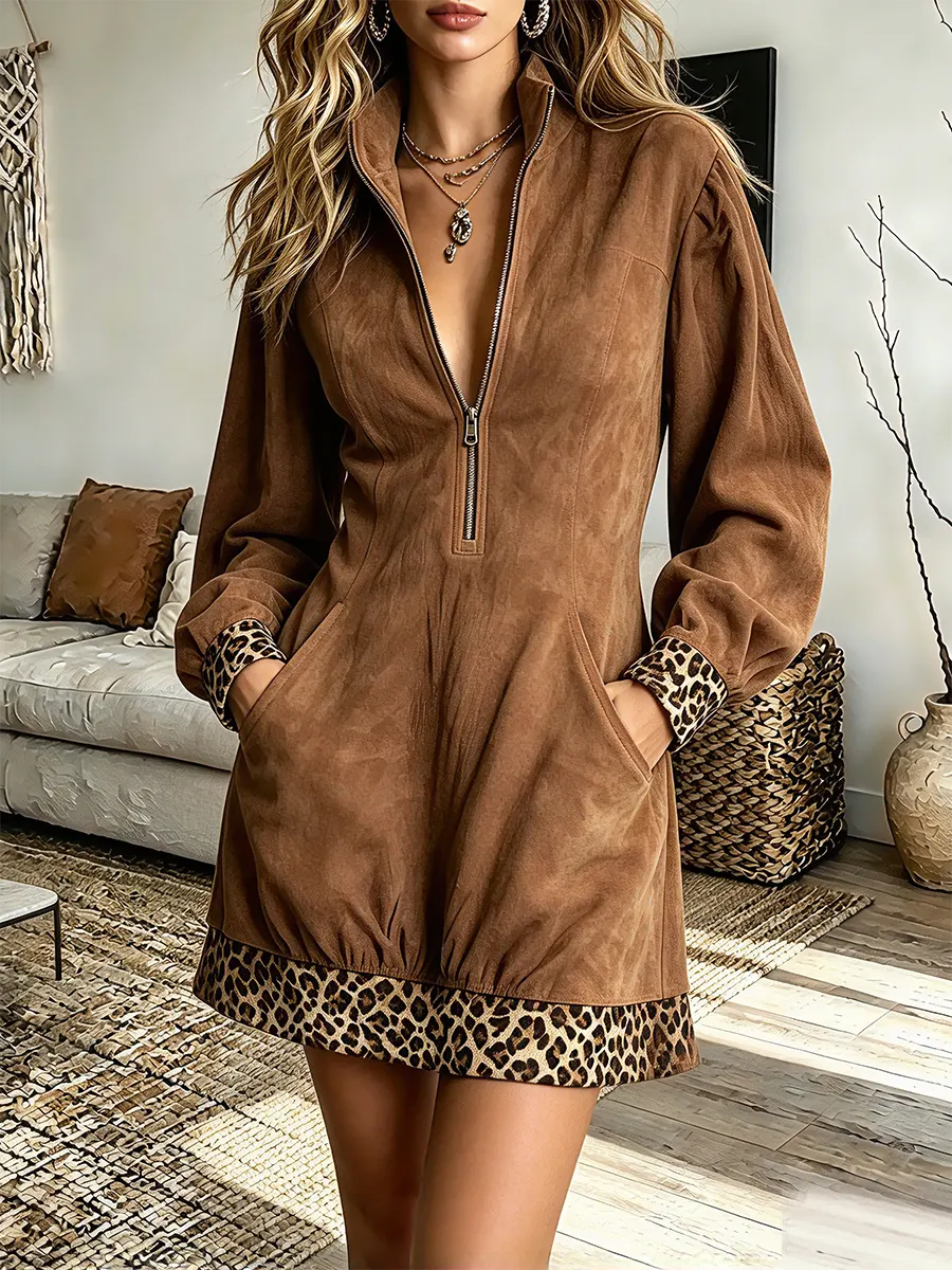 💛LAST DAY SAVE 49% ⏰Vintage Elegant Suede Patchwork Leopard Dress