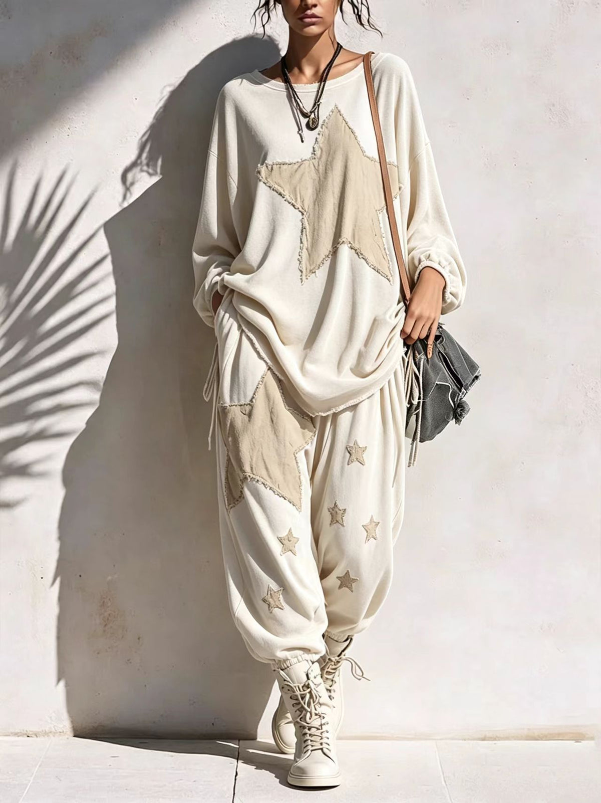 🤲LAST DAY SAVE 49% ⏰Relaxed-fit Casual Cotton Sweatshirt Set With "star Patchwork" And Raw-edge Detailing