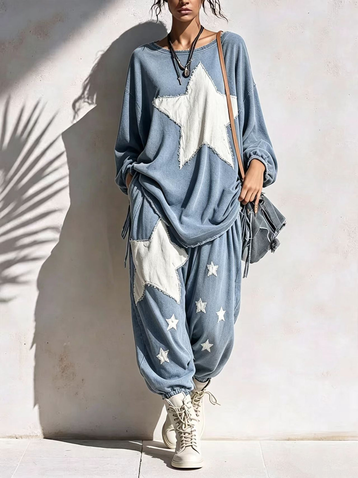 🤲LAST DAY SAVE 49% ⏰Relaxed-fit Casual Cotton Sweatshirt Set With "star Patchwork" And Raw-edge Detailing