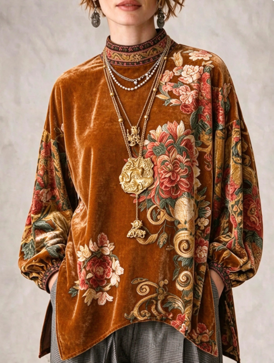 🤲LAST DAY SAVE 49% ⏰Bohemian-style Vintage-inspired Velvet Top With A Lavish Floral Print.