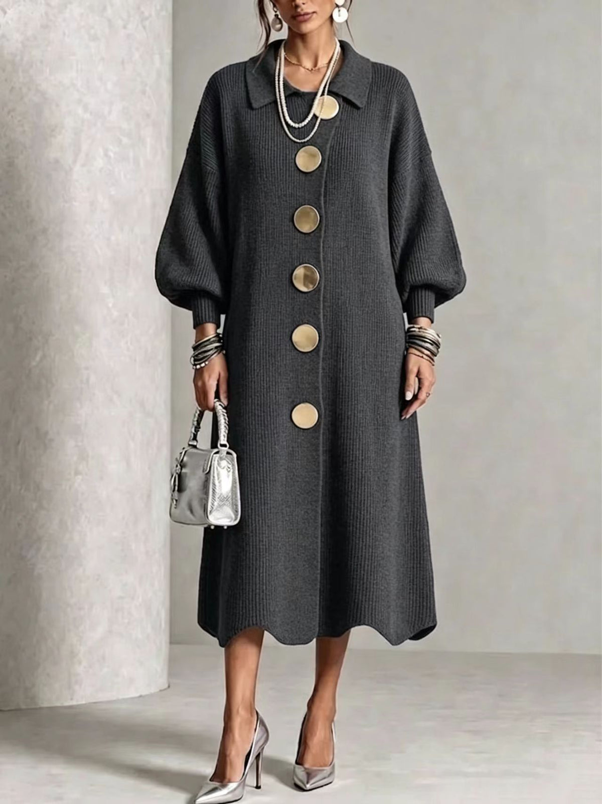 🤲LAST DAY SAVE 49% ⏰Long-sleeve Knit Dress With A Large Metal Buckle, Lapel Collar, And Lantern Sleeves— FREE Handbag