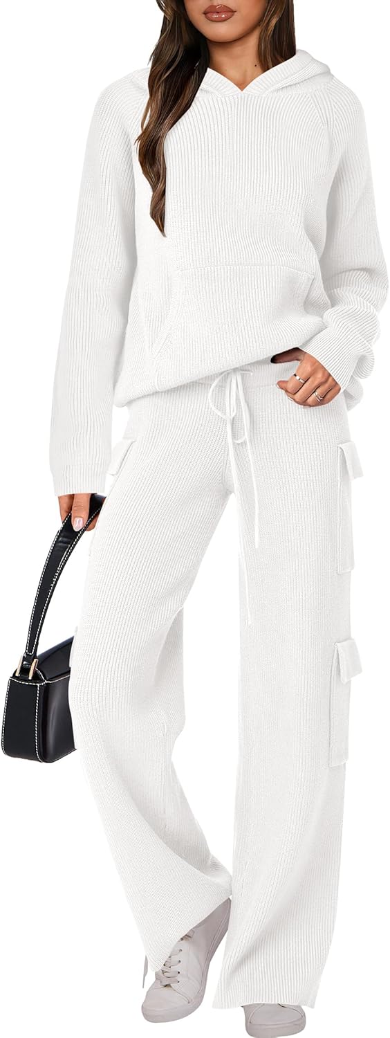 🎄Christmas Sale🔥 Women’s Two Piece Outfits Casual Knit Hooded Sweater Straight Leg Pants Set