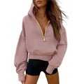 ✨✨Women's Pink Hooded Sweatshirt Long Sleeve Half Zip Cropped Pullover with Zipper & Stitching Detail for Winter Fashion