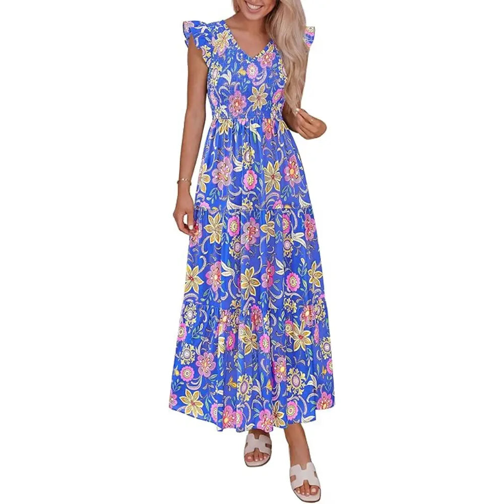 ✨✨Women's Cotton Boho Floral Maxi Dress Summer Smocked V Neck Ruffle Sleeve Spring Flowy Beach Vacation Sundresses