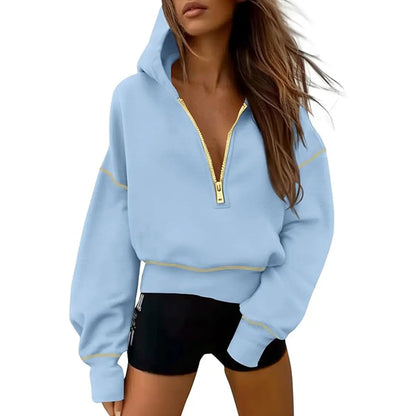 ✨✨Women's Pink Hooded Sweatshirt Long Sleeve Half Zip Cropped Pullover with Zipper & Stitching Detail for Winter Fashion
