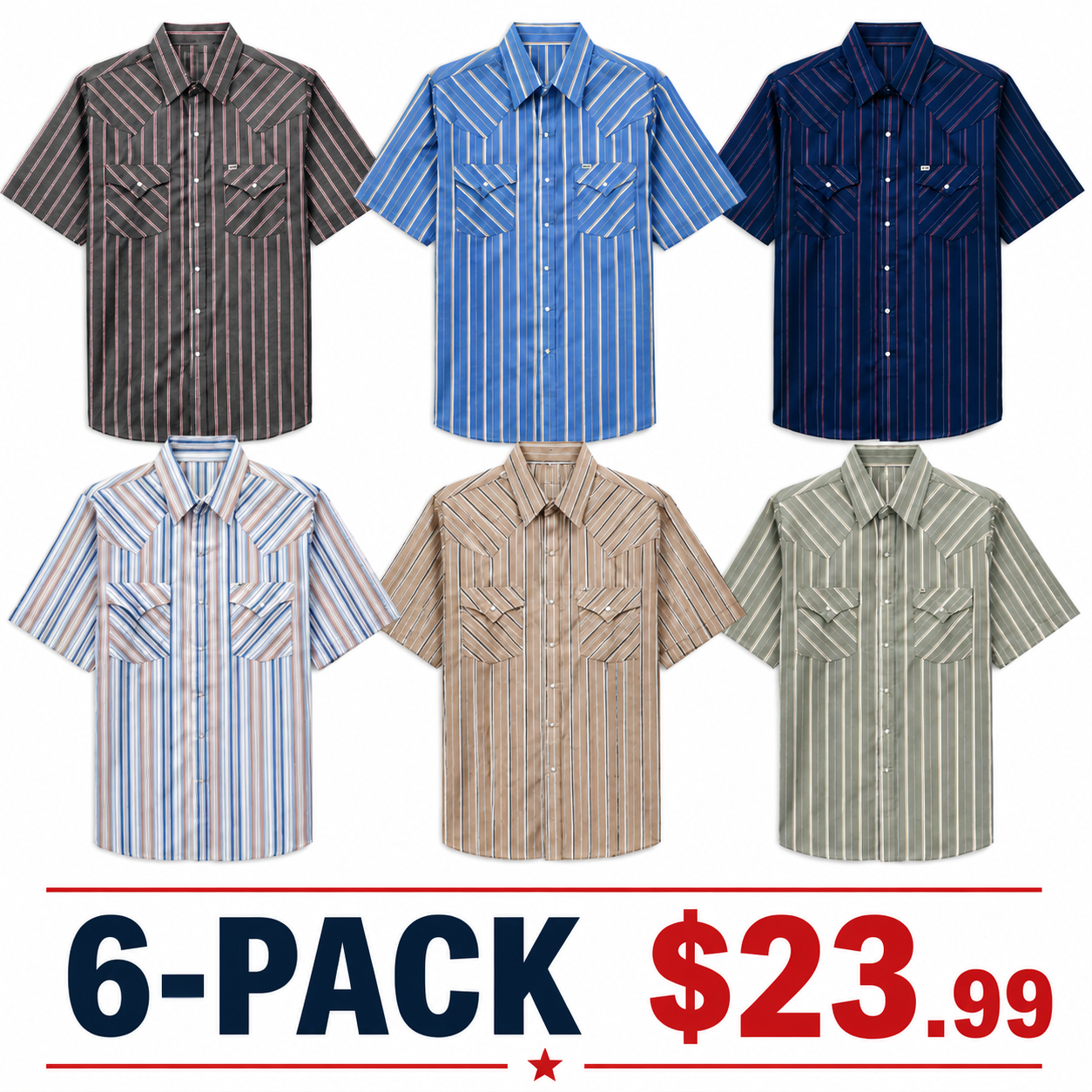 🤲6-PACK $23.99-Men's Western Stripe Snap Shirt with Pocket - Short Sleeve Casual Cowboy Shirt