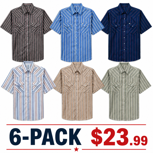 🤲6-PACK $23.99-Men's Western Stripe Snap Shirt with Pocket - Short Sleeve Casual Cowboy Shirt