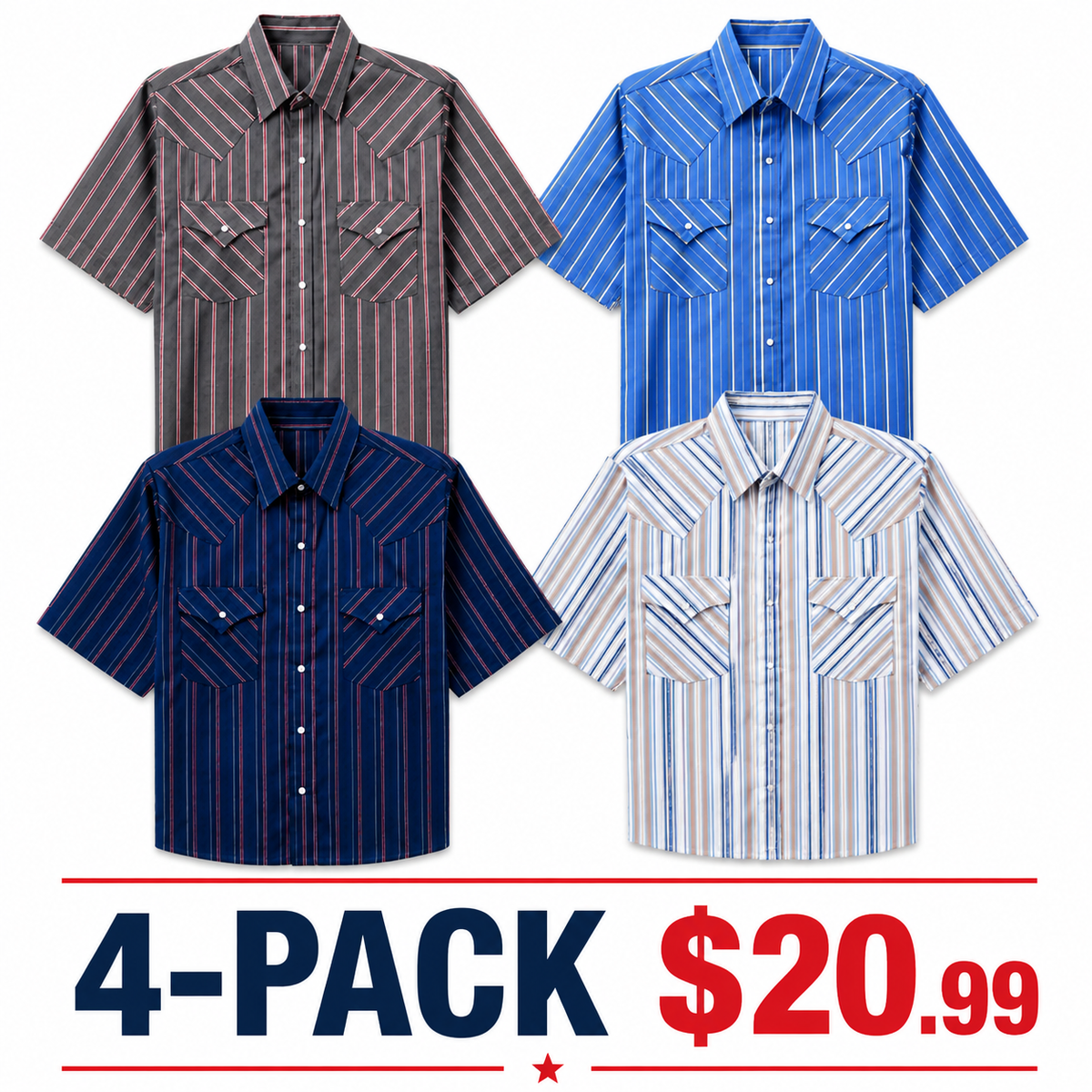 🤲6-PACK $23.99-Men's Western Stripe Snap Shirt with Pocket - Short Sleeve Casual Cowboy Shirt