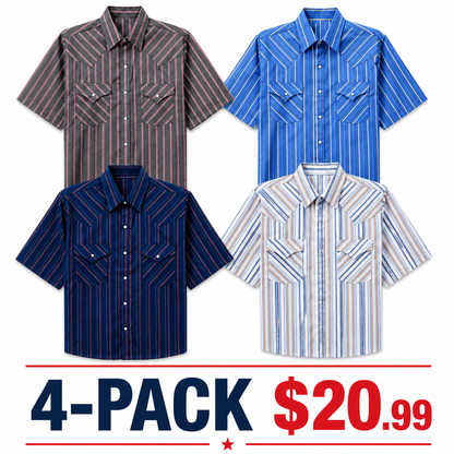 🤲6-PACK $23.99-Men's Western Stripe Snap Shirt with Pocket - Short Sleeve Casual Cowboy Shirt