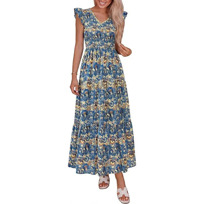 ✨✨Women's Cotton Boho Floral Maxi Dress Summer Smocked V Neck Ruffle Sleeve Spring Flowy Beach Vacation Sundresses