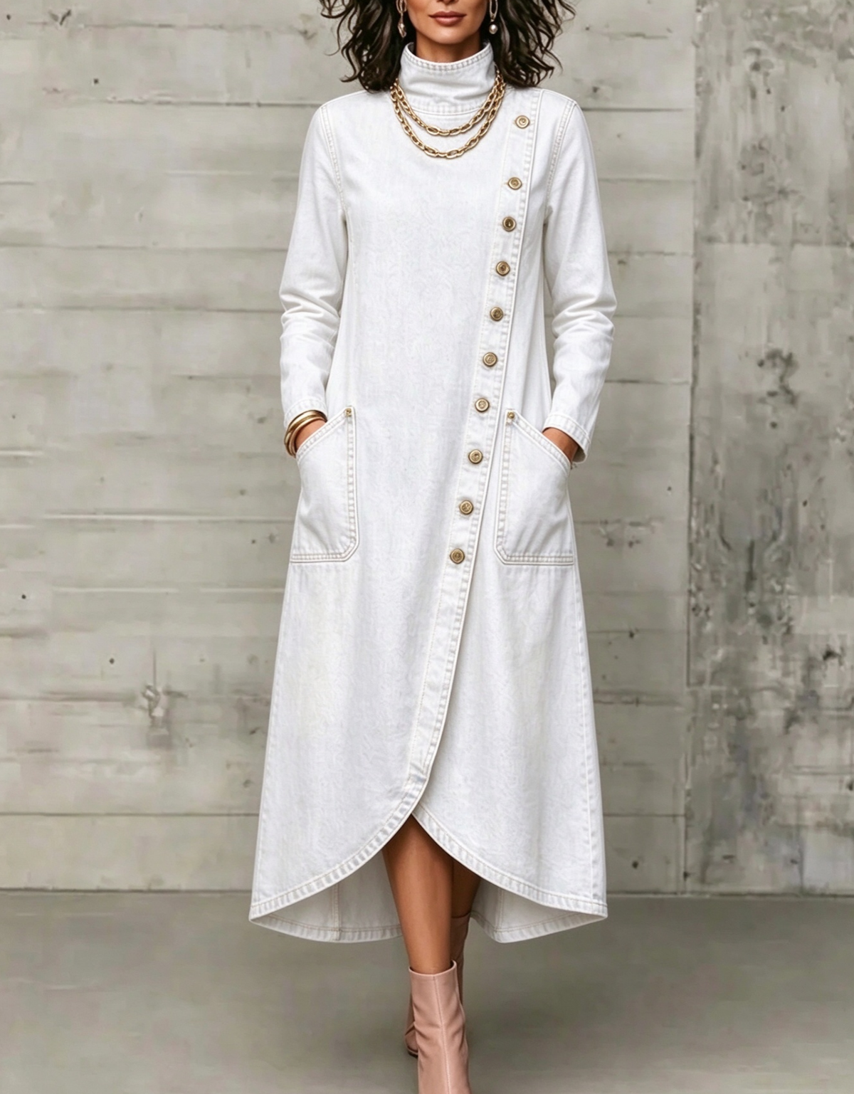💛LAST DAY SAVE 49% ⏰High Neck Diagonal Button Large Pocket Denim Maxi Dress
